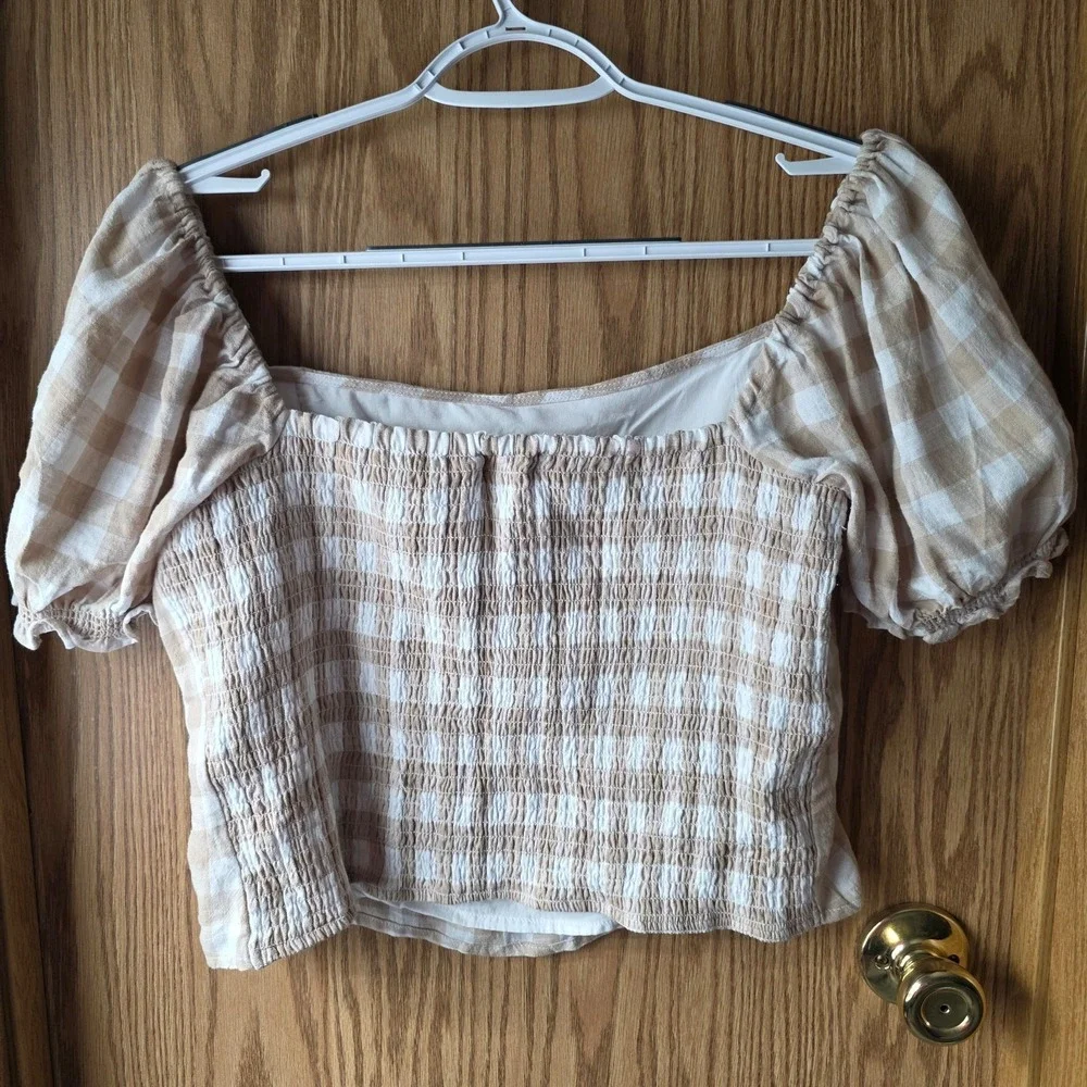 Abercrombie & Fitch Linen Blend Gingham Puff Sleeve Peasant Top L Beige